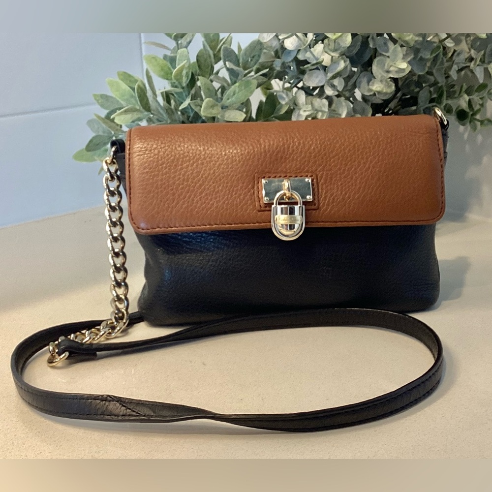 Calvin Klein Black & Tan Leather Crossbody Bag Handbag w Gold Hardware
